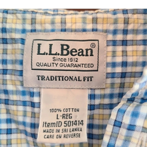 L.L. Bean Button Up Shirt 100% Cotton Plaid Short Sleeve Mens L - Picture 3 of 3